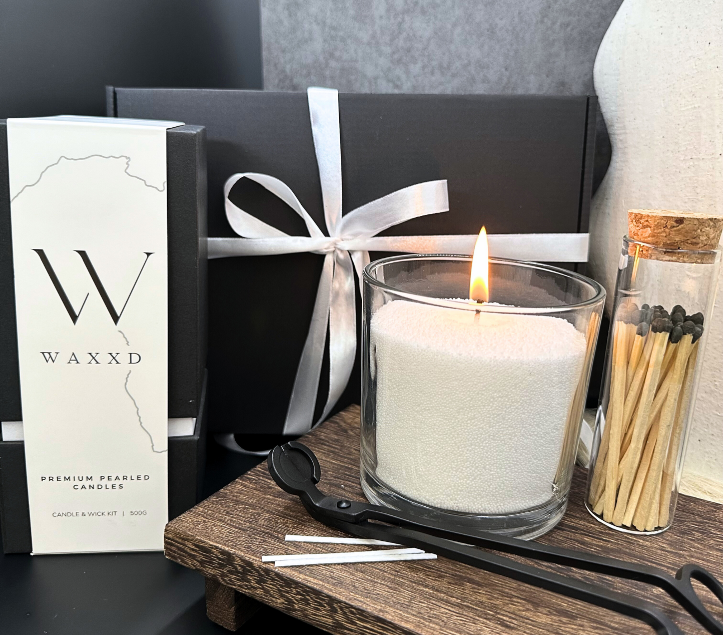 Kit | 500g Pearled Candles + Wick Trimmer Kit + Matches + Container